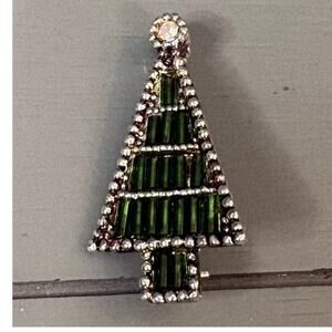 Danecraft Green Christmas Tree Brooch Vintage Silver Tone